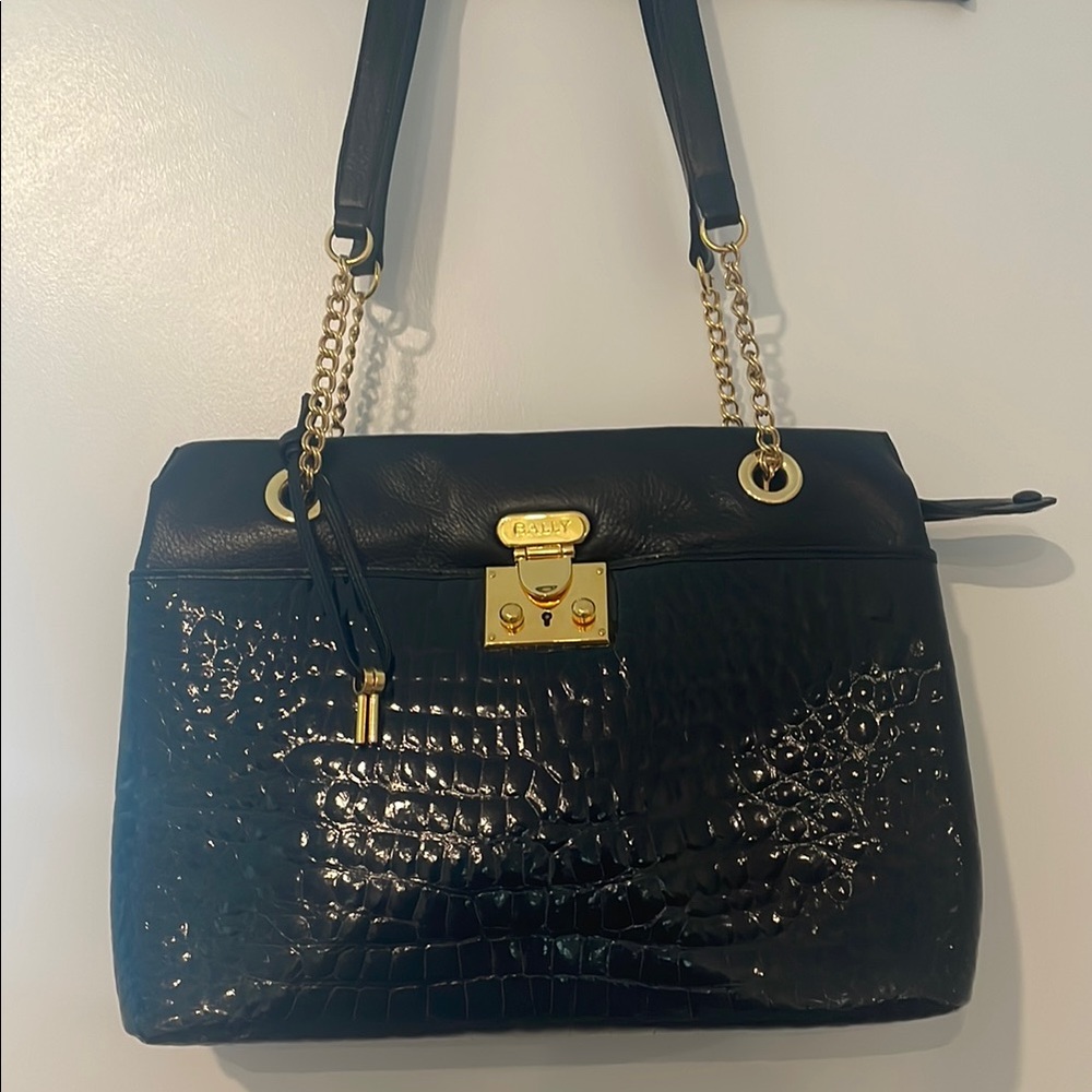 Authentic Bally Black Croc-Embossed Leather Shoulder Bag with Gold Accents